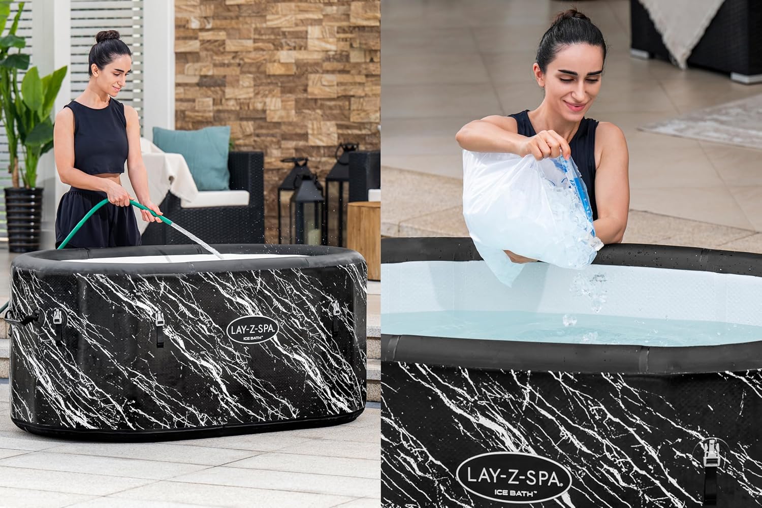 Bestway Lay-Z-SPA FortiFiber Eisbad Glacial Dip, 152 x 92 x 71 cm, 420 Liter, Thermo-Abdeckung, Filterpumpe, Ganzjahresschutz, Marmor-Optik, DEKRA-Zertifiziert, inkl. Handpumpe & Tragetasche