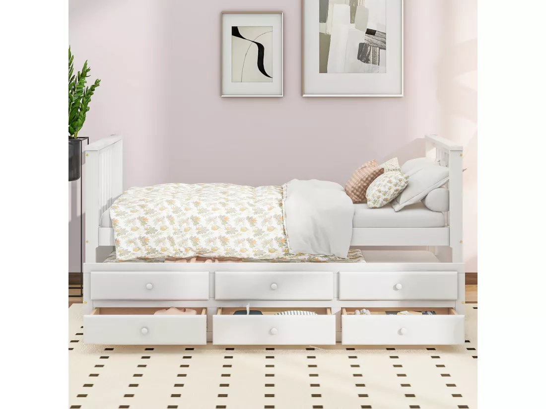 Lit gigogne 90 x 200 cm + 90 x 190 cm avec 3 tiroirs - Bois massif + MDF - Sommier à lattes - Blanc (sans matelas)