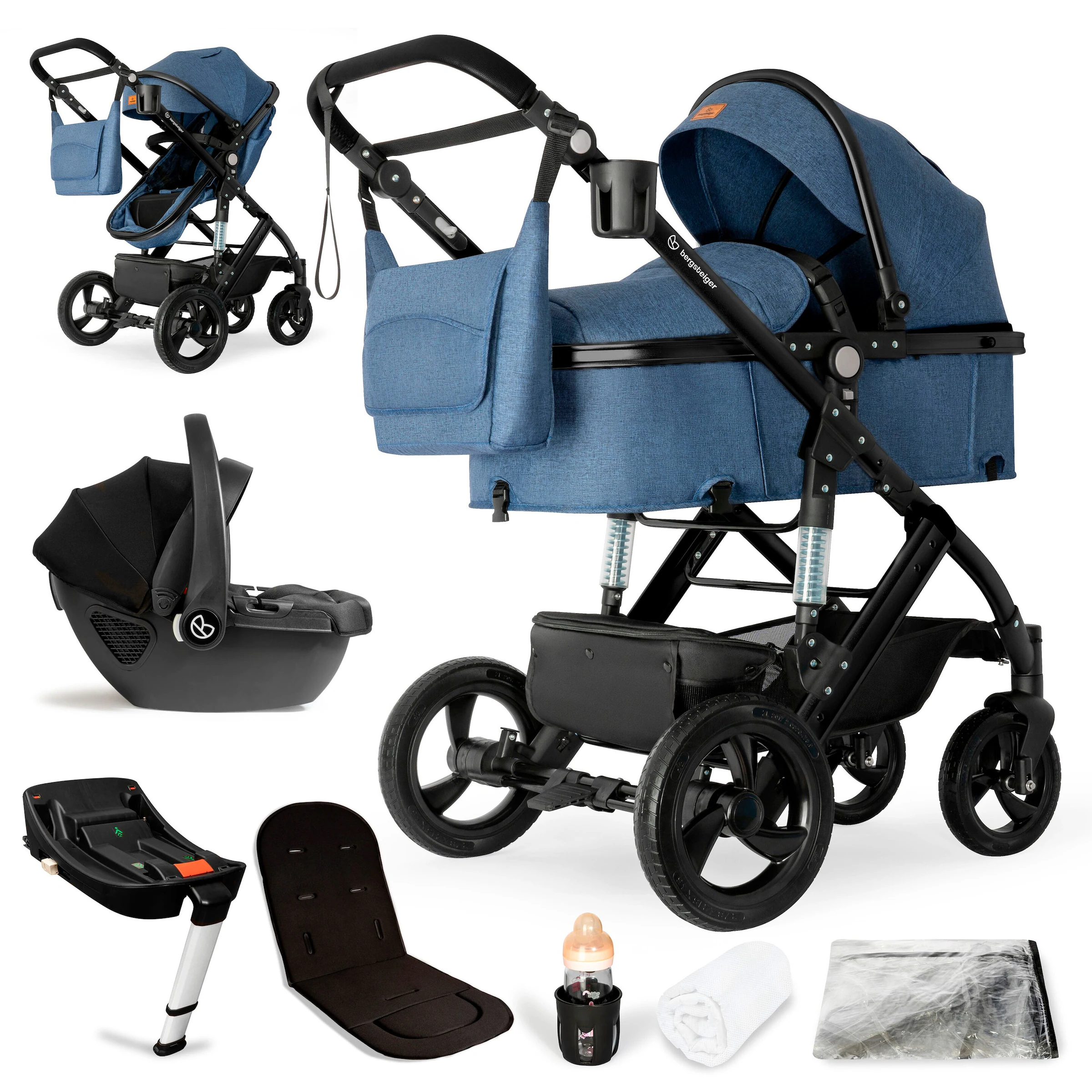Bergsteiger Kinderwagen Nizza + Babyschale blue | Gestell: black