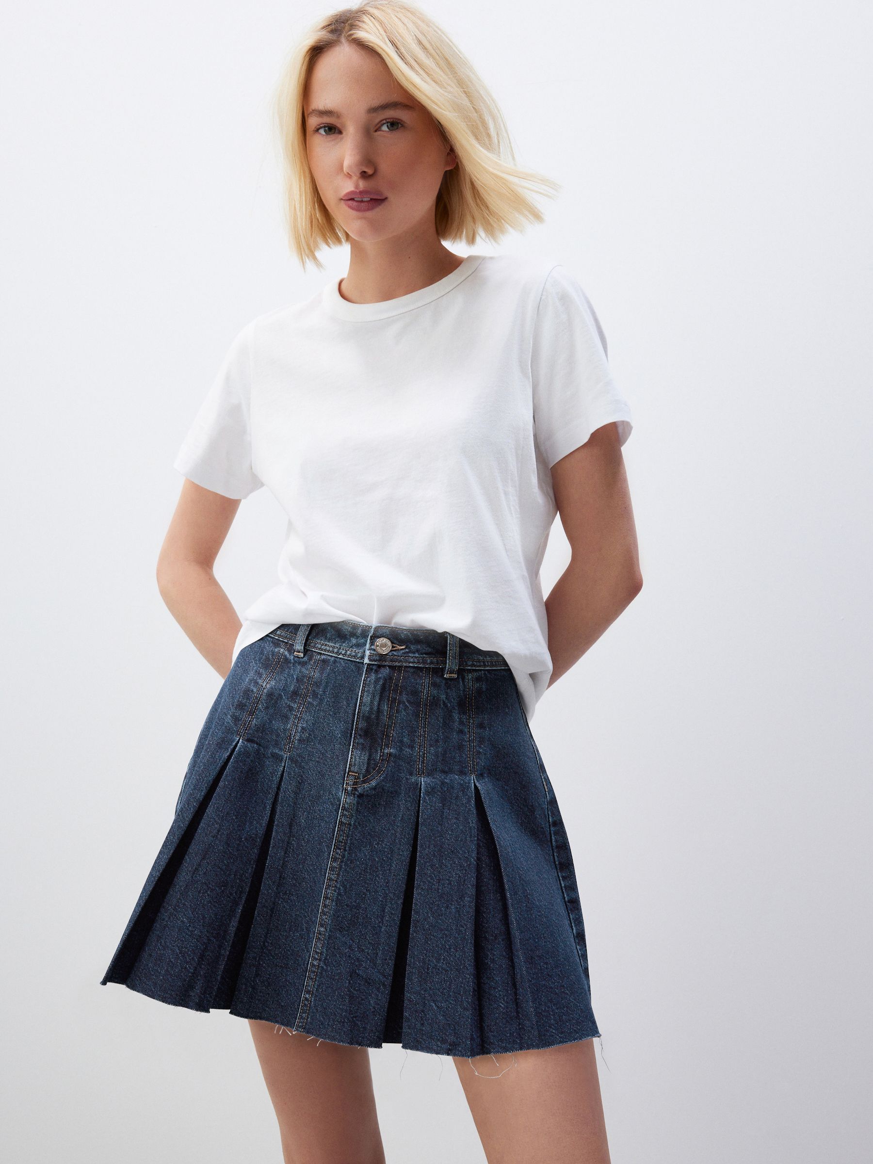 Donkerblauw - 100% katoenen geplooide denim minirok