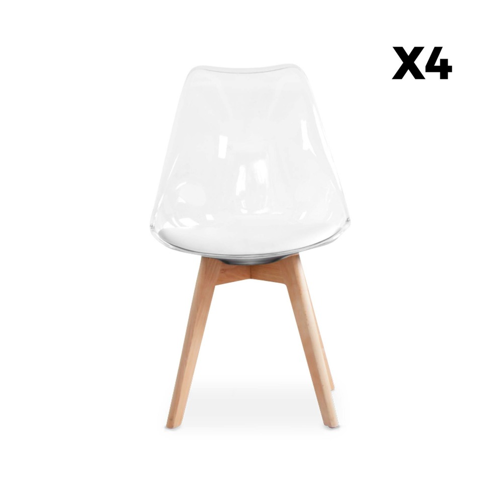 Lot de 4 chaises scandinaves - lagertha - pieds bois. Fauteuils 1 place. Coussin blanc. Coque transparente
