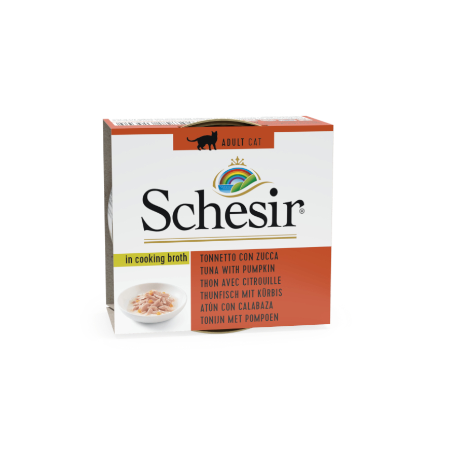 Filé de atum Schesir 70g com abóbora e caldo de peixe em lata para gatos