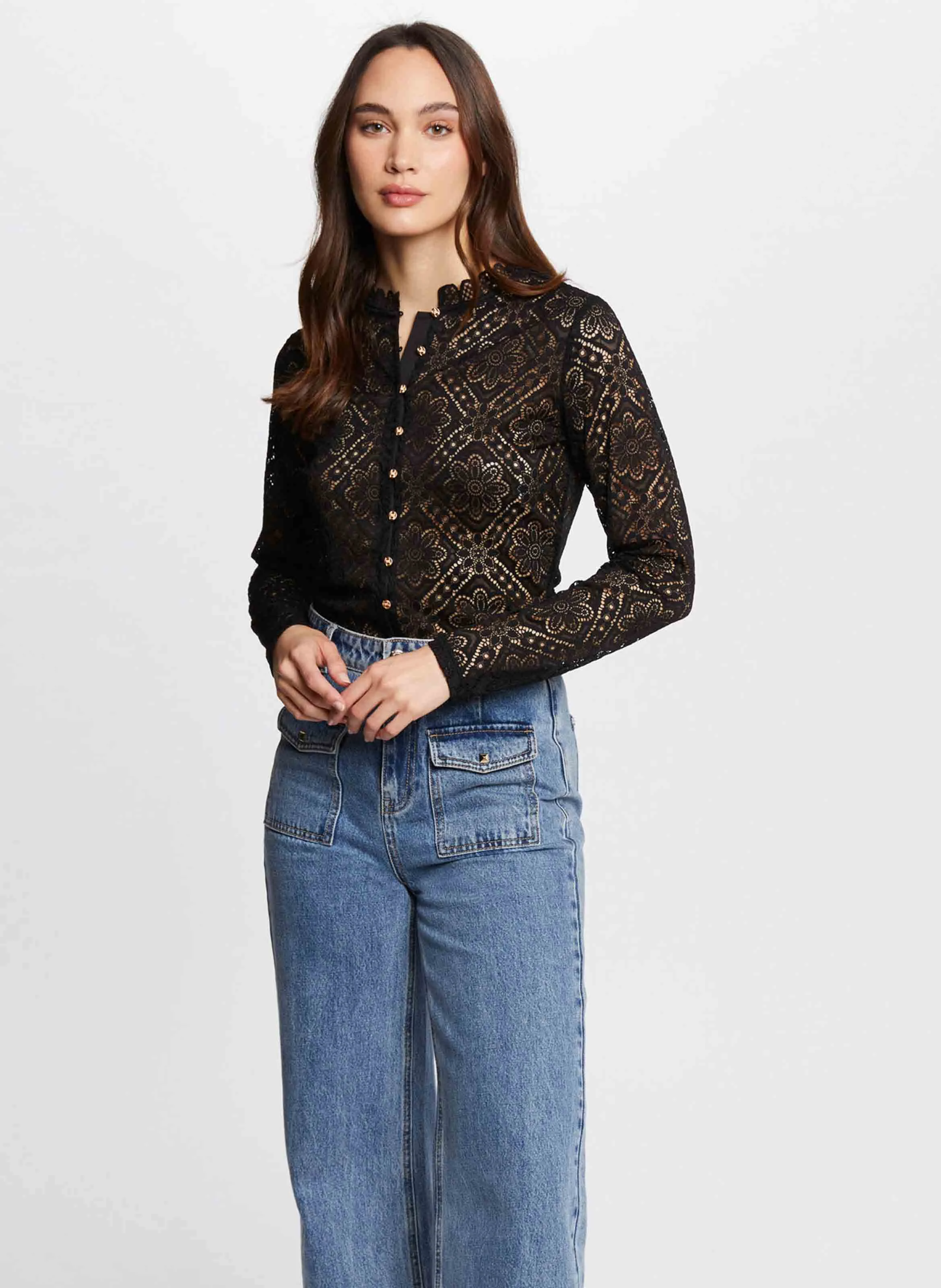 TIMBA - Chemise col victorien droit en dentelle | Bleu
