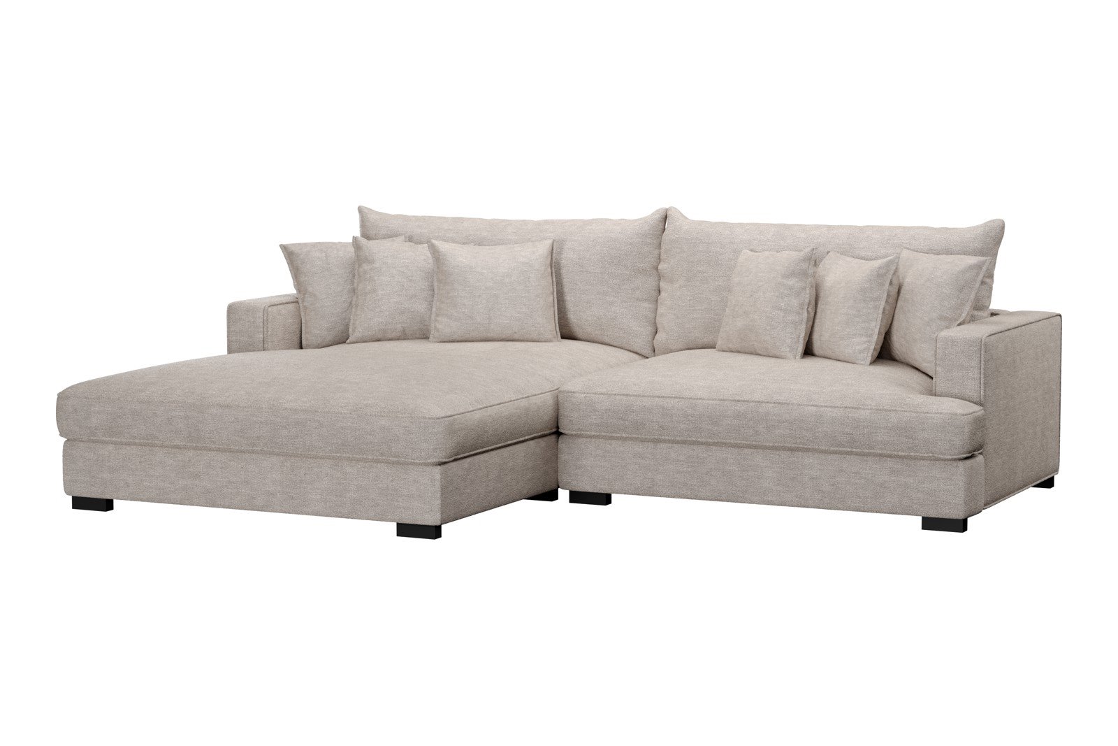 Rossi Lux 2-seter med XL sjeselong venstre Tekstil Beatto 1027 Lys Grå, arm A med sorte ben. Lux Komfort.