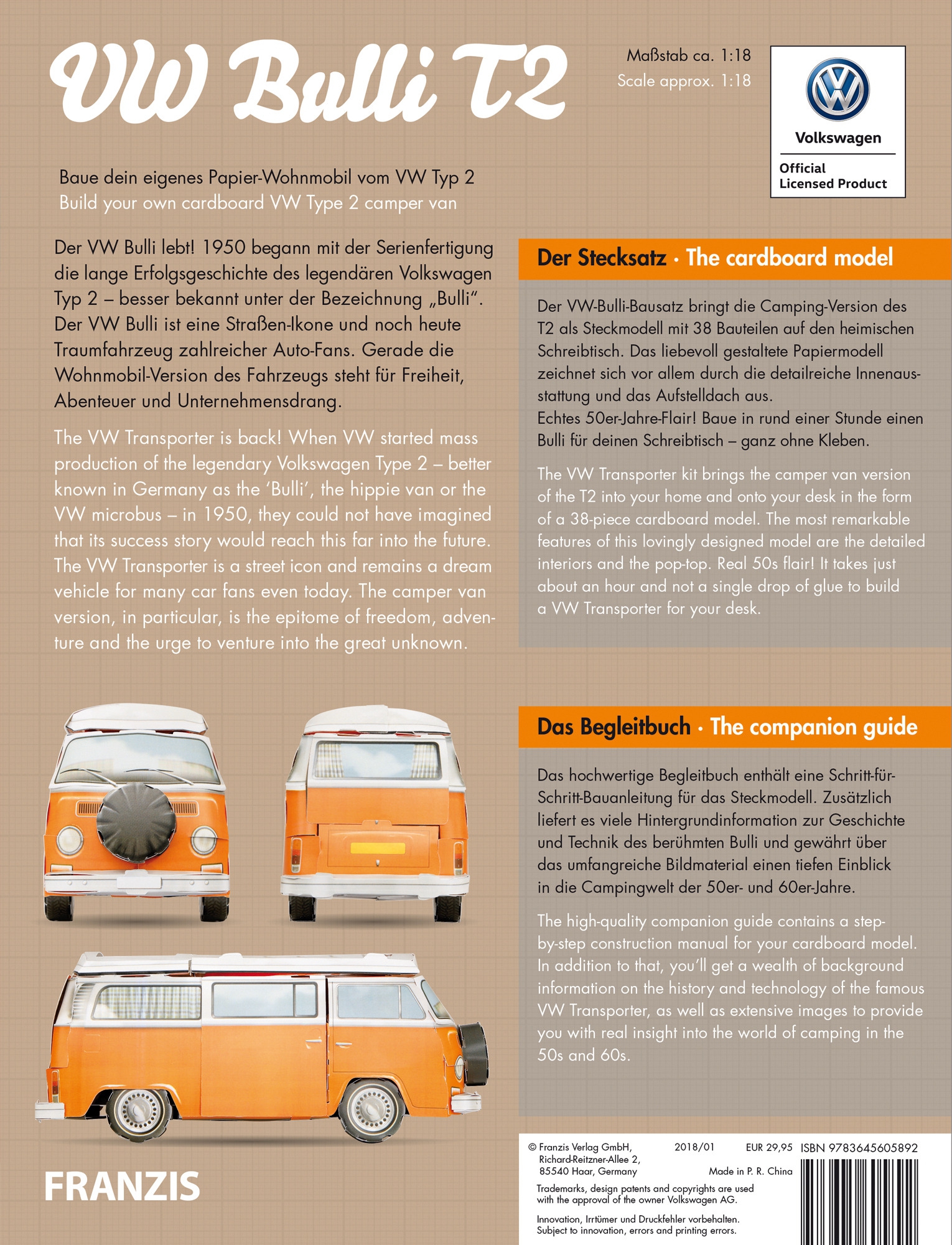 Franzis VW Bulli T2 Papier-Wohnmobil im Maßstab 1:18 inkl. Begleitbuch
