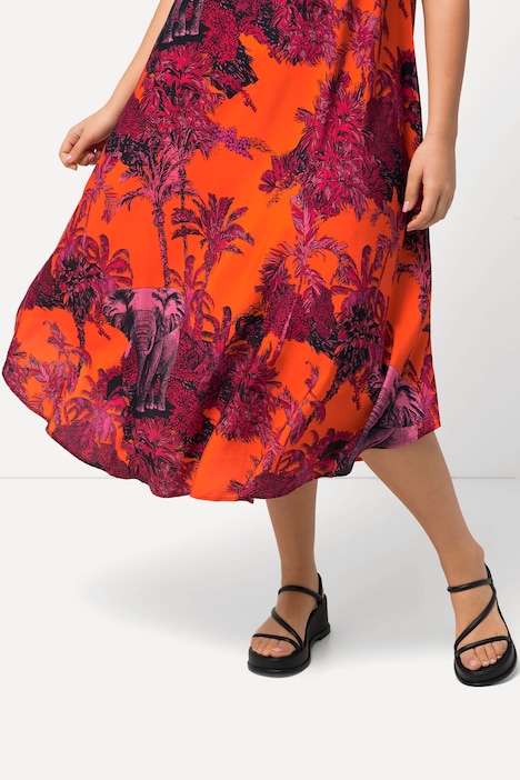 Kleid, Palmen, Elefanten, A-Linie, Rundhals, ärmellos