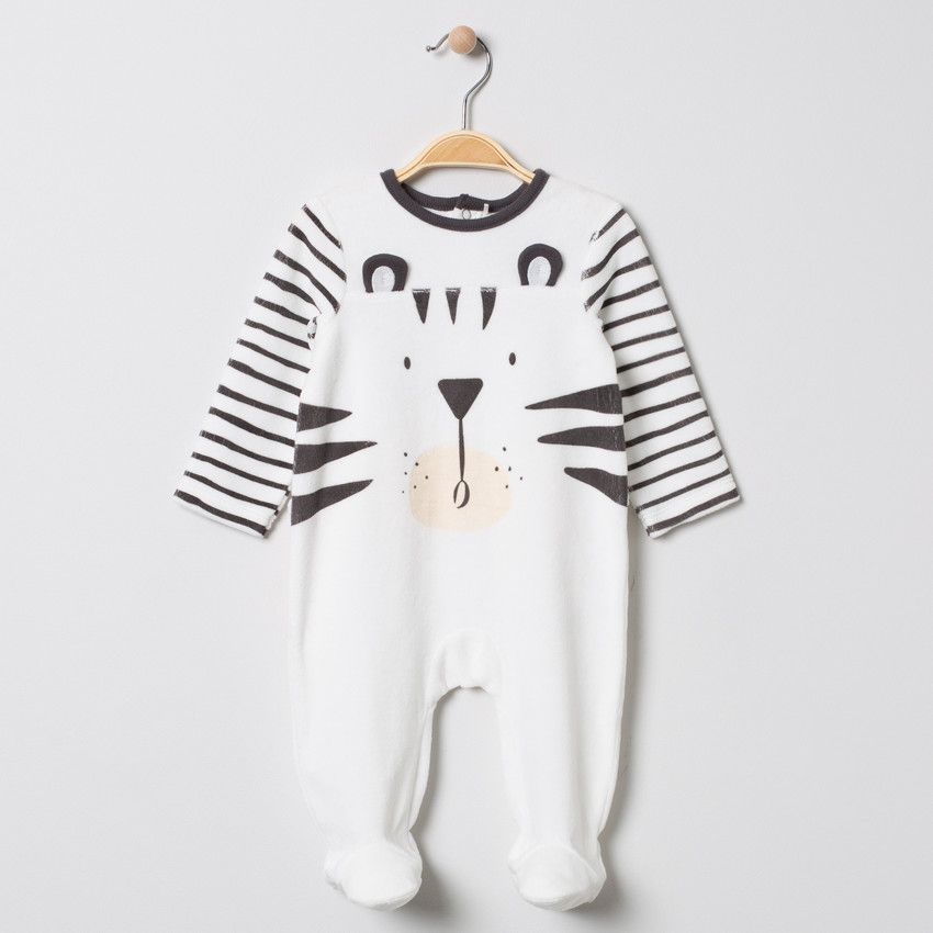 Dors-bien en velours motif tigre avec oreilles - Ecru
