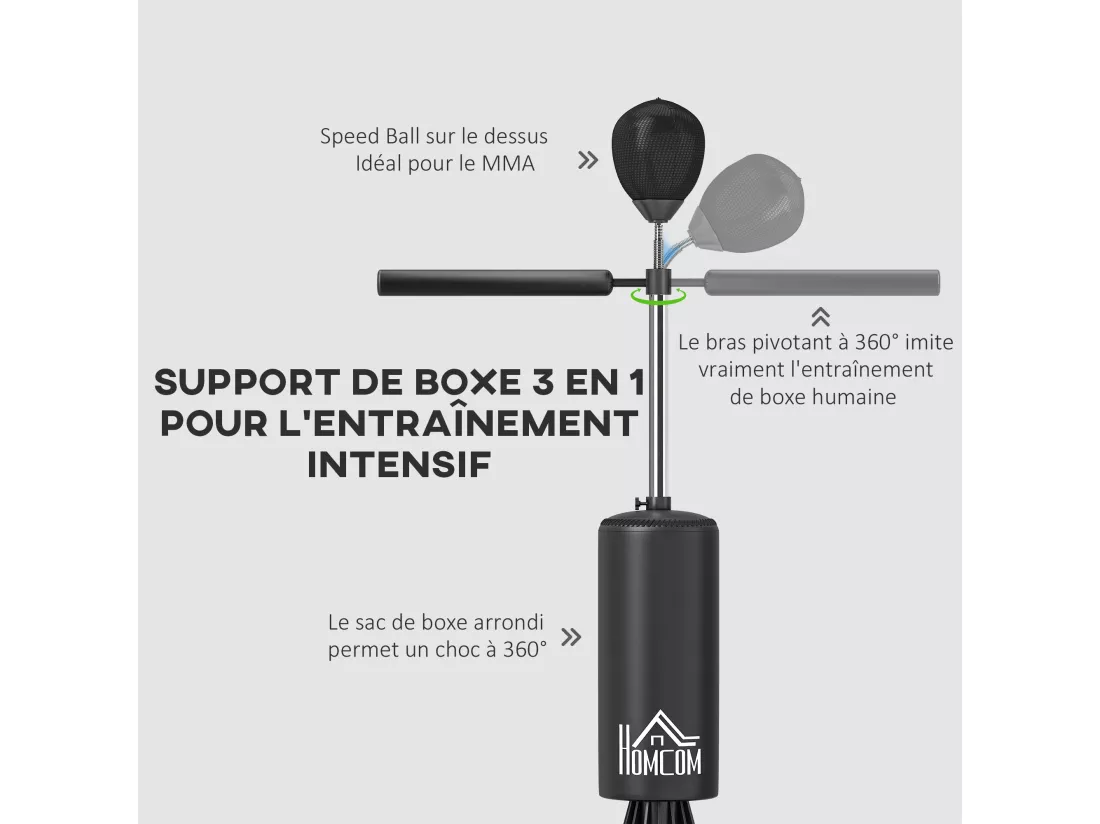 Sac de frappe boxe autoportant punching ball brunier 3 en 1 revêtement synthétique dim. 88L x 48l x 155-205H cm noir