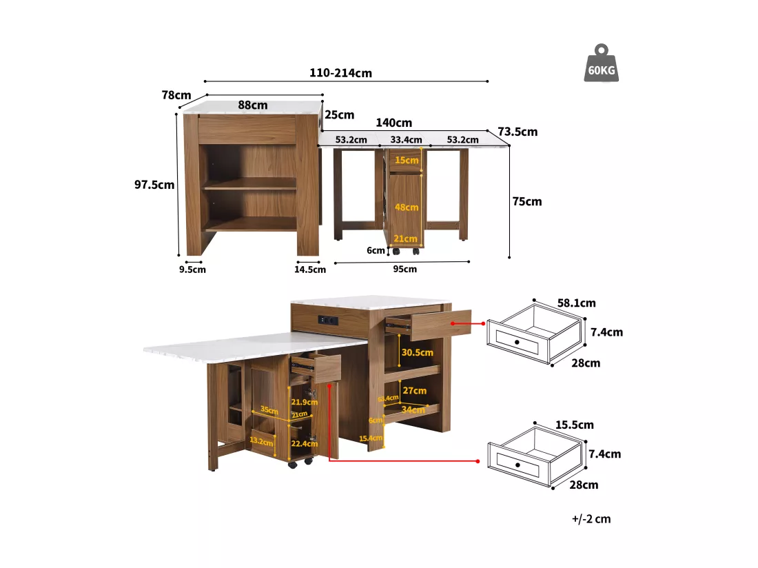 Ilot central de cuisine avec 4 tiroirs et étagères ouvertes - Plateau extensible - 110(214)x78x97.5 cm - 2 à 6 personnes - Marron+Blanc