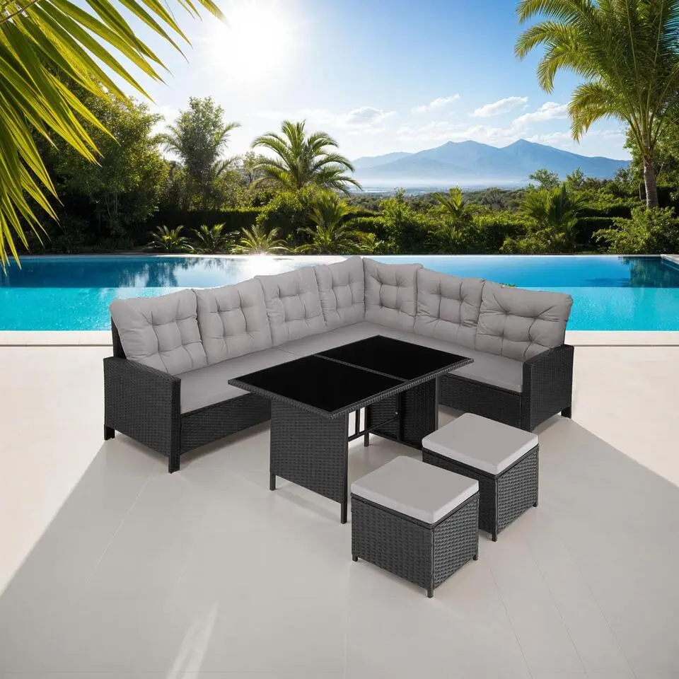 tectake - loungeset Barletta - wicker - zwart/grijs