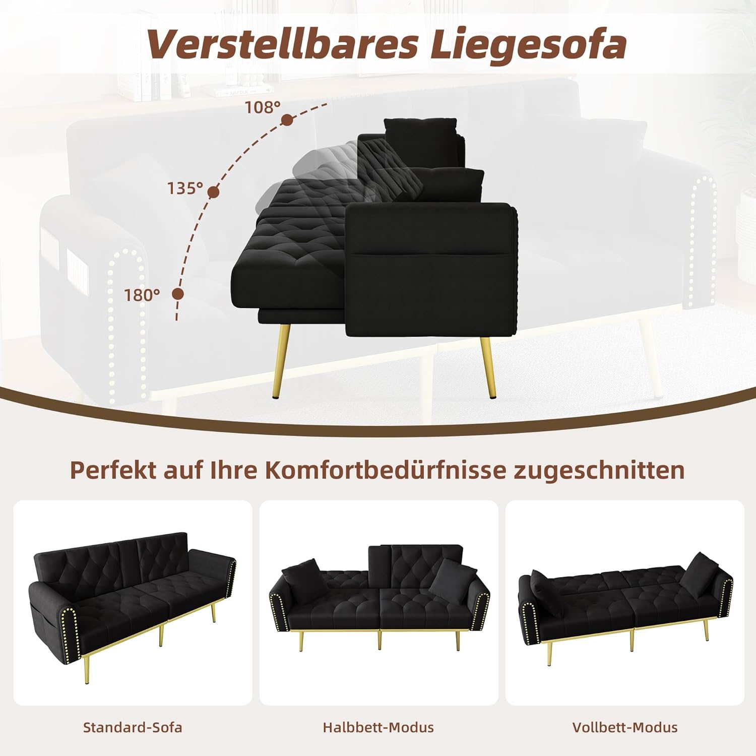 Doppelt ausklappbares Schlafsofa mit Liegefunktion, DREI verstellbaren Neigungswinkeln und Getränkehalter，für Wohnzimmer, Schlafzimmer, Heimkino oder Gästezimmer， Stoffbezug， Schwarz