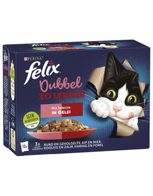 Felix Multipack Dubbel Zo Lekker Mix Selectie Gelei - Kattenvoer - Rund Kip Koolvis 12x85 g