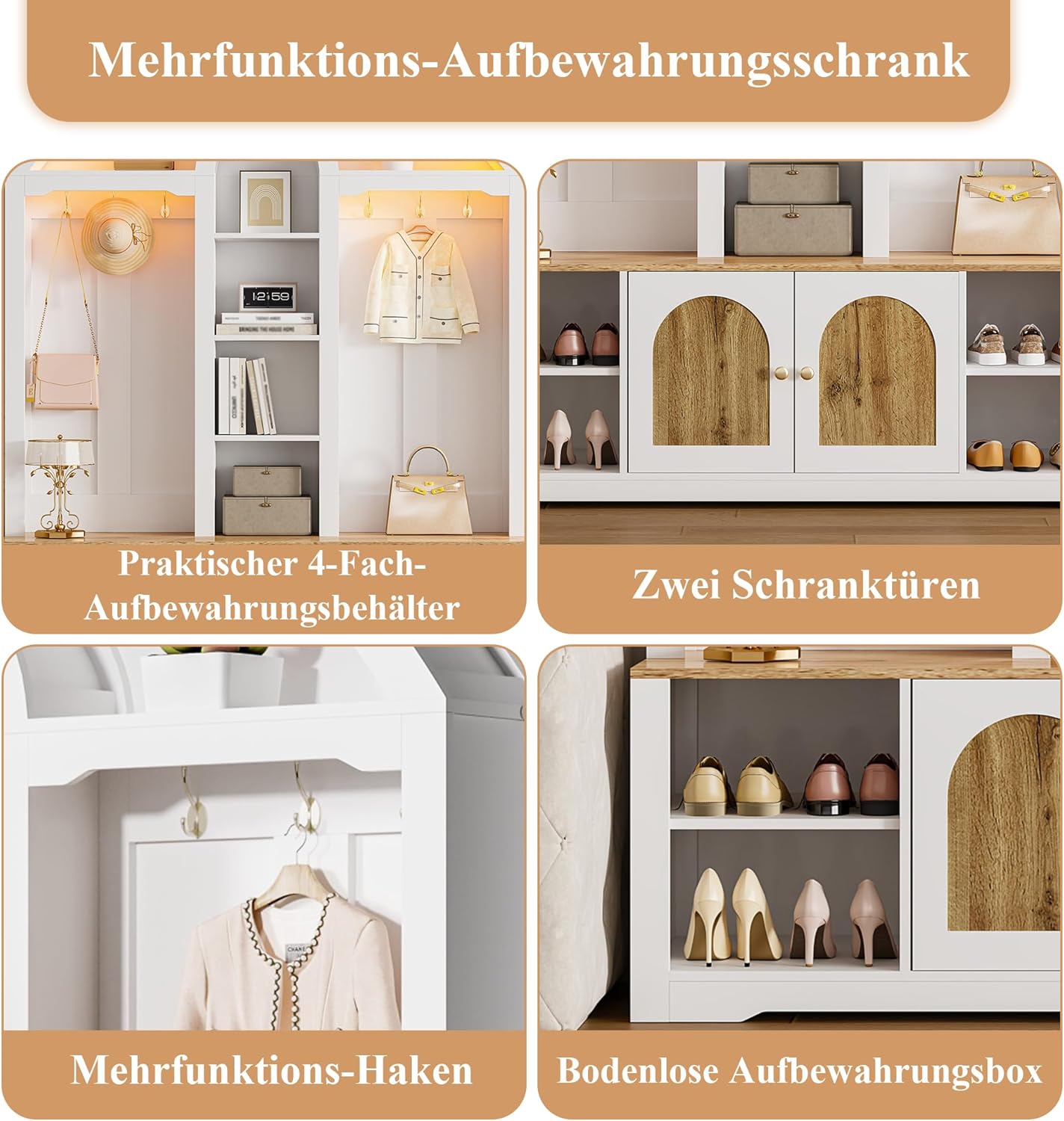 Eingangsbereichsschrank mit Schuhregal, Ablagen und Haken .Garderobenschrank– eine Garderobe aus robustem MDF mit modernem Design und praktischem Stauraum. (Weiß, 150 L x40 B x 195 H(cm))