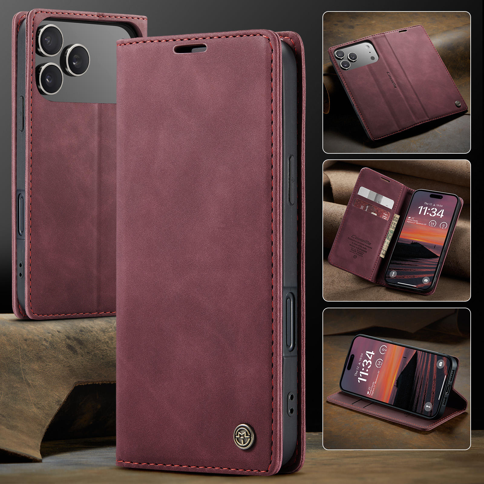 iPhone 17 Pro Max Leder Tasche Flip Wallet Etui mit Kartenfächern - Rot