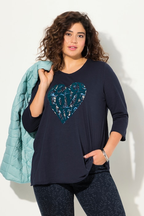 Shirt, Herzmotiv, A-Linie, V-Ausschnitt, Langarm