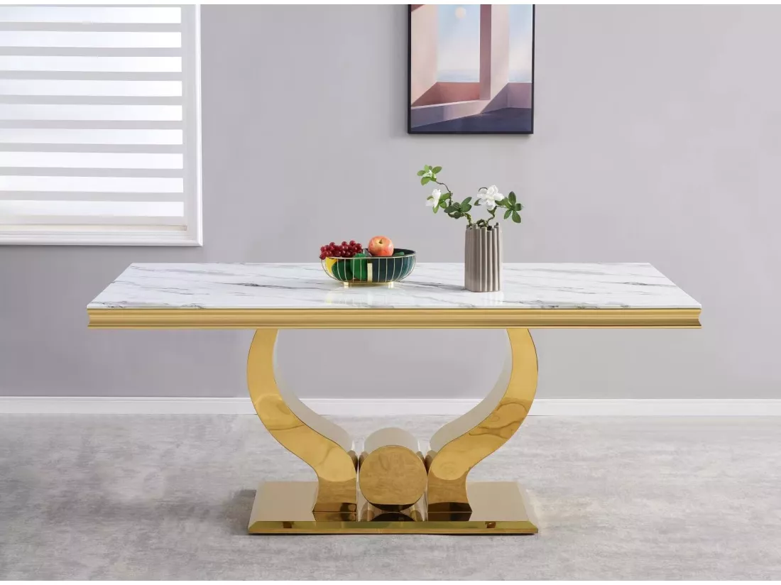 Table à manger trofy 4 à 6 personnes gold verre marbré blanc 150x90x75cm