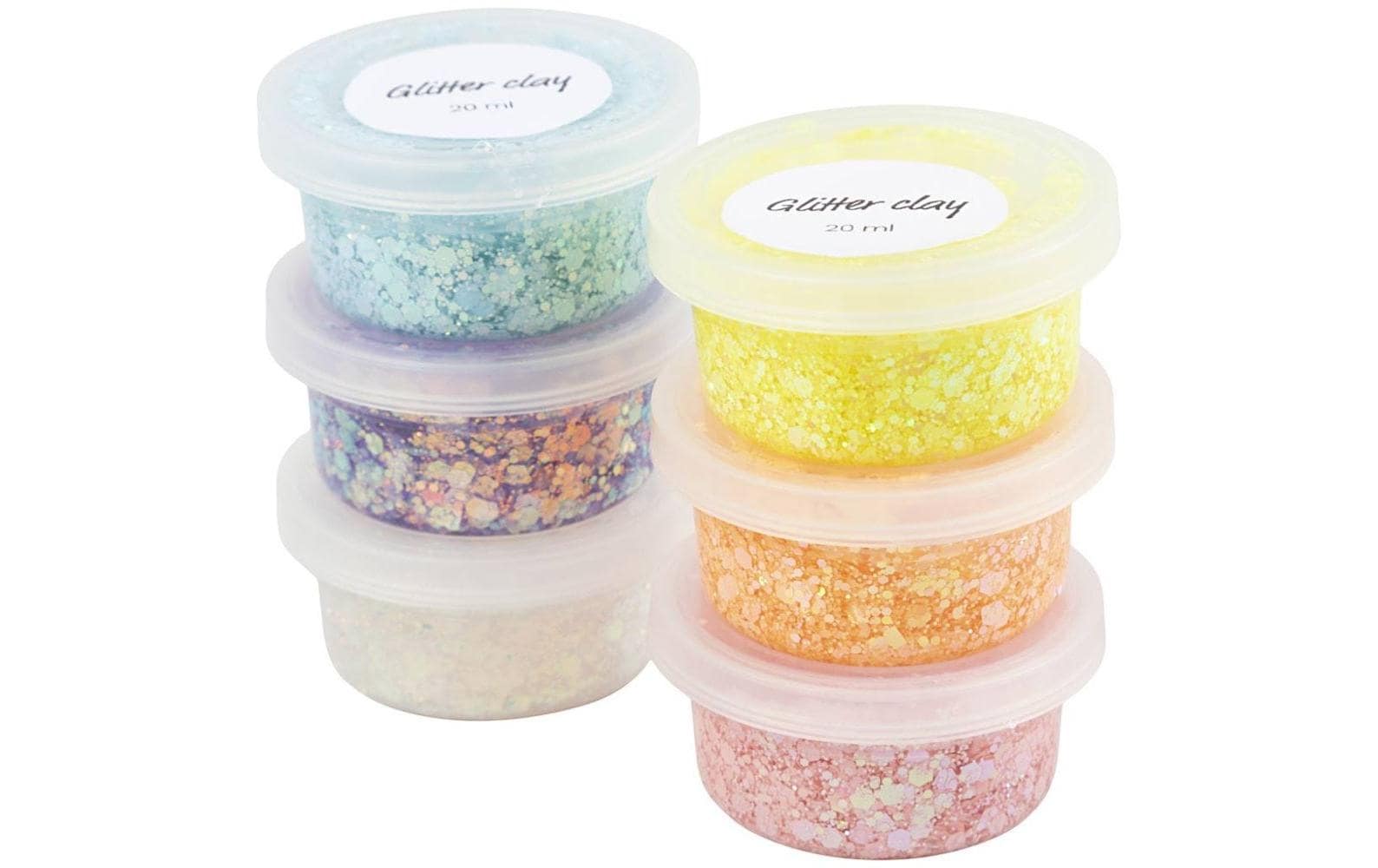 Modelliermasse Glitter Clay 6 x 20 ml, PastellfarbenTransparente Modelliermasse mit Glitzerflocken