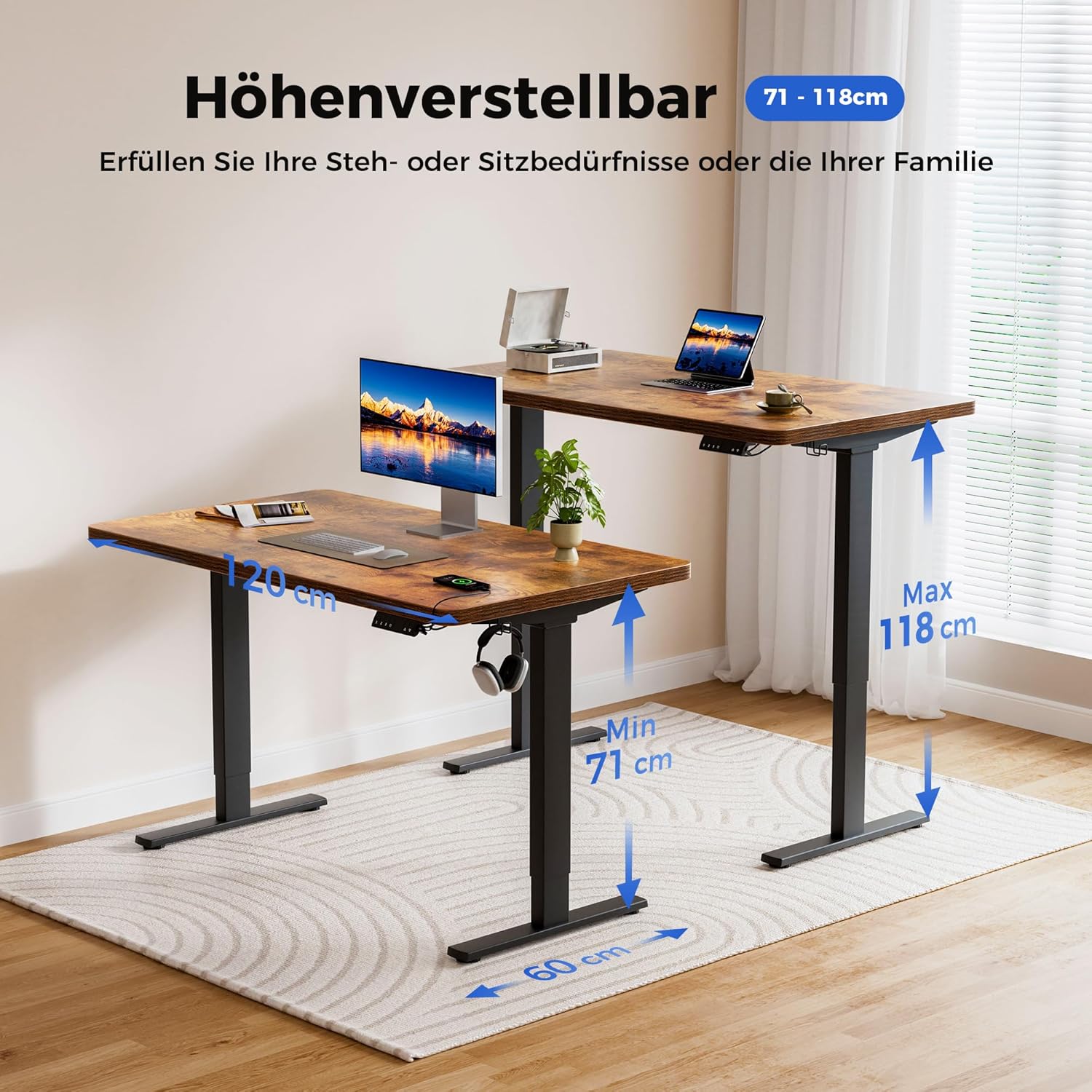 Agliestic Höhenverstellbarer Schreibtisch 120x60cm, 28MM Ganze Tischplatte mit 2 Motoren, Ergonomischer Steh-Sitz Tisch Stehpult mit 3 Memory-Steuerung, Einfache Montage für Homeoffice(Braun)