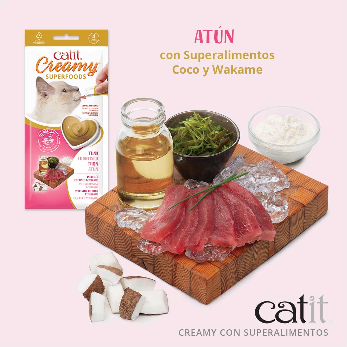 Catit Petisco Líquido Cremoso para Gatos com Superalimentos, Atum com Coco e Wakame, 4 x 10g