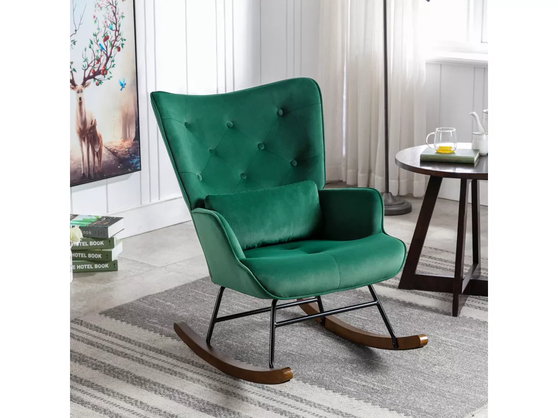 Fauteuil à Bascule Rembourré en Velours Moderne pour Salon, Chaise à Bascule à Dossier Haut avec Pieds en Bois, Vert Foncé