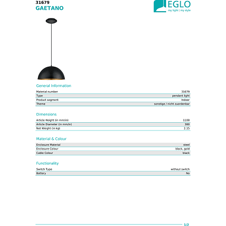 Gaetano pendel - sort/guld