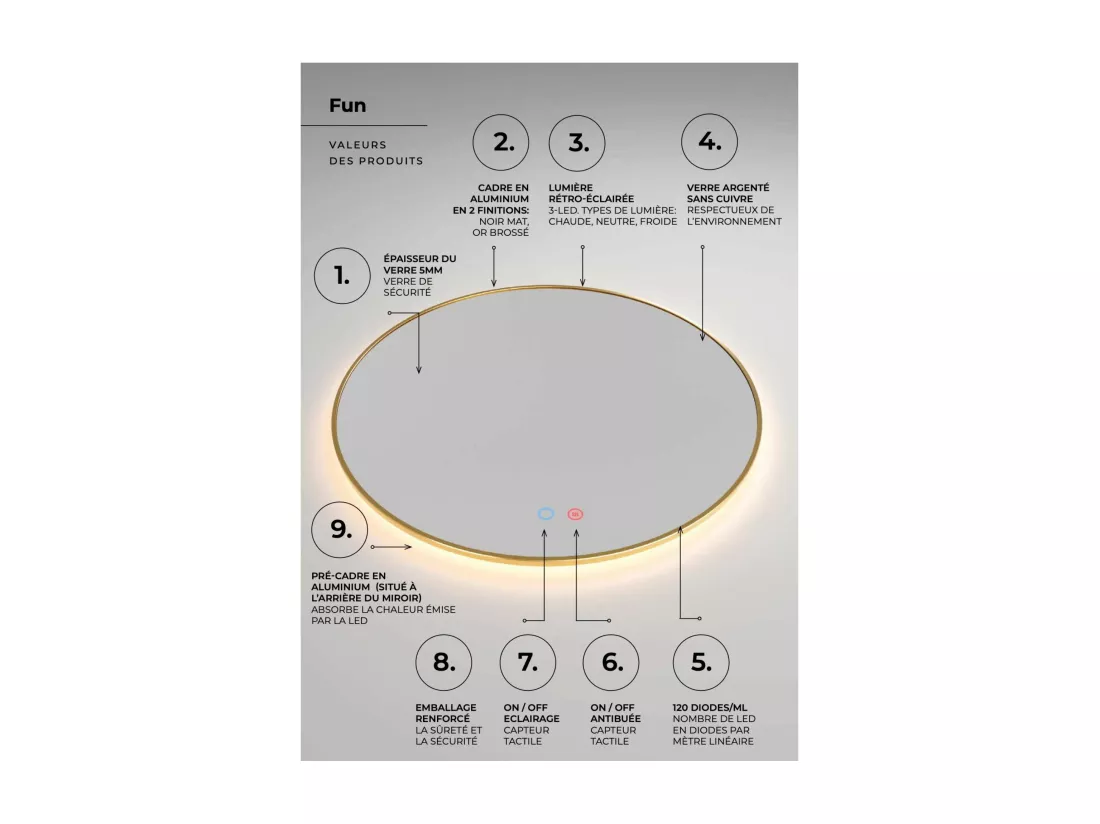 Miroir Salle de Bain FUN Ø60cm - Or Brossé - Rétro-éclairage T° Led Variable - Tactiles On/Off & Anti-Buée - LEDIMEX