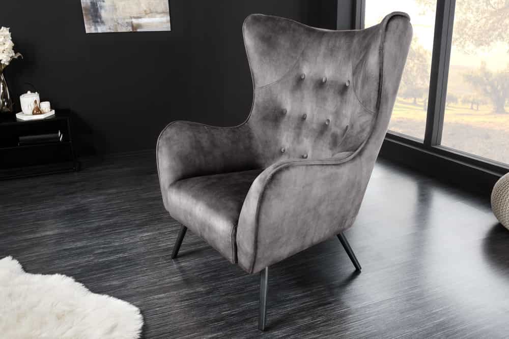 Design XL Sessel AMSTERDAM grau Samt schwarze Metallbeine Retro Stil