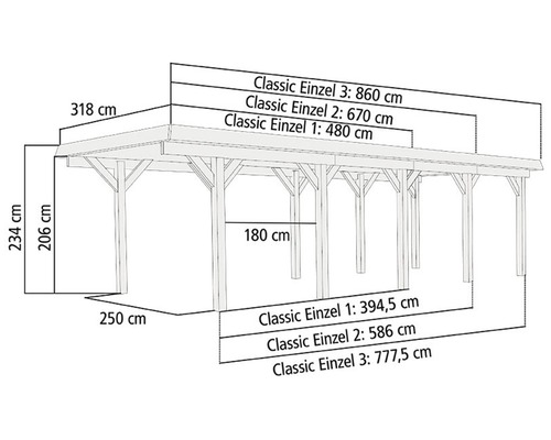 Enkele carport Karibu Dahnen 1 variant C incl. 2 inrijbogen 318 x 480 cm drukgeïmpregneerd