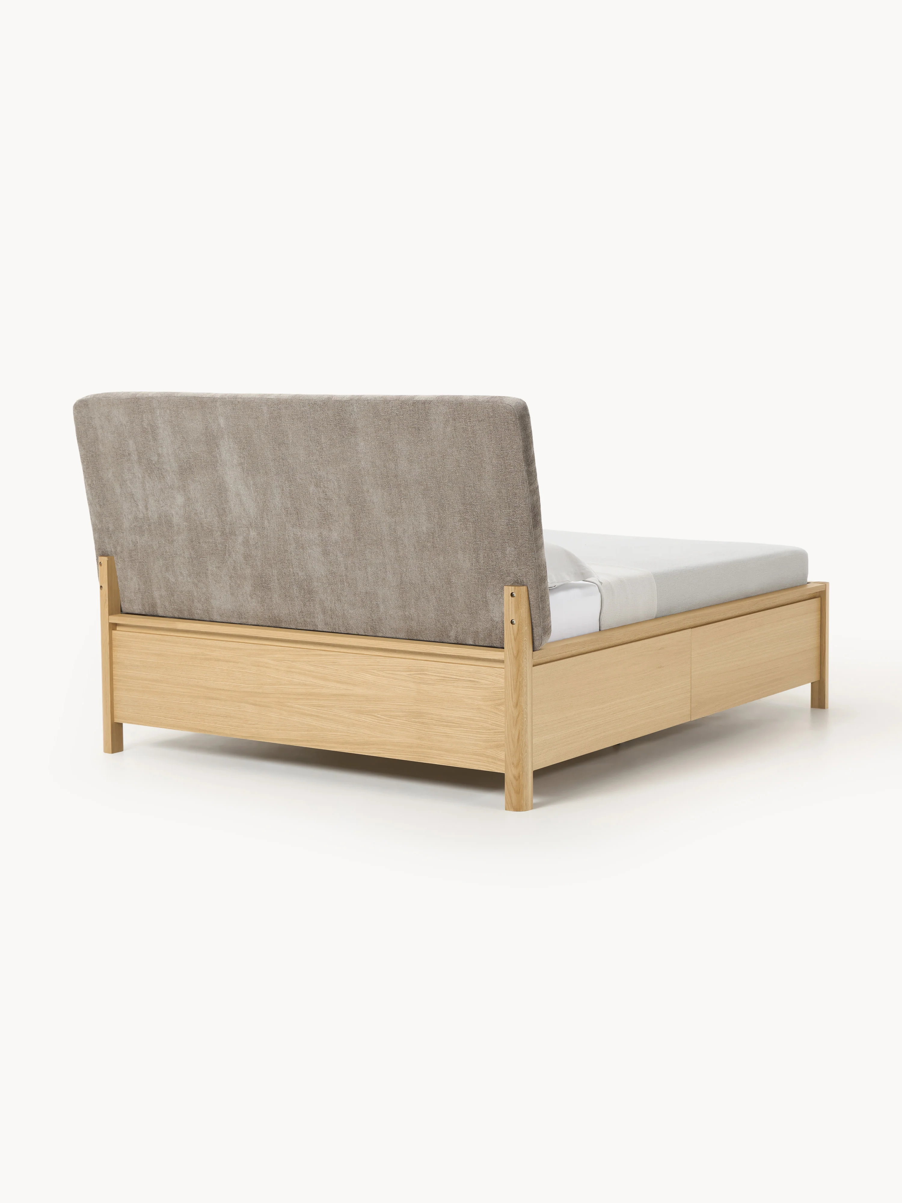 Houten bedframe Santiago met gestoffeerd hoofdeinde en lades