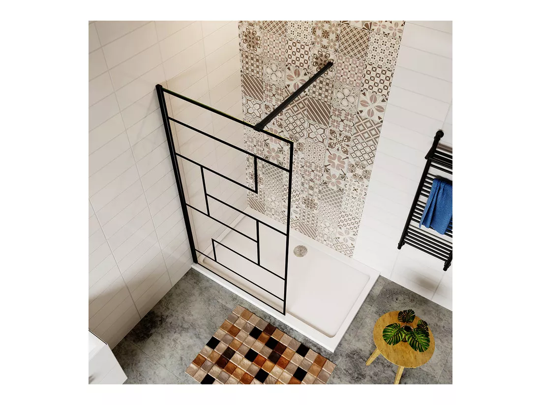 Paroi de douche 90x200cm fixe à l'italienne avec barre de fixation noire 140cm, en 8mm verre anticalcaire style moderne