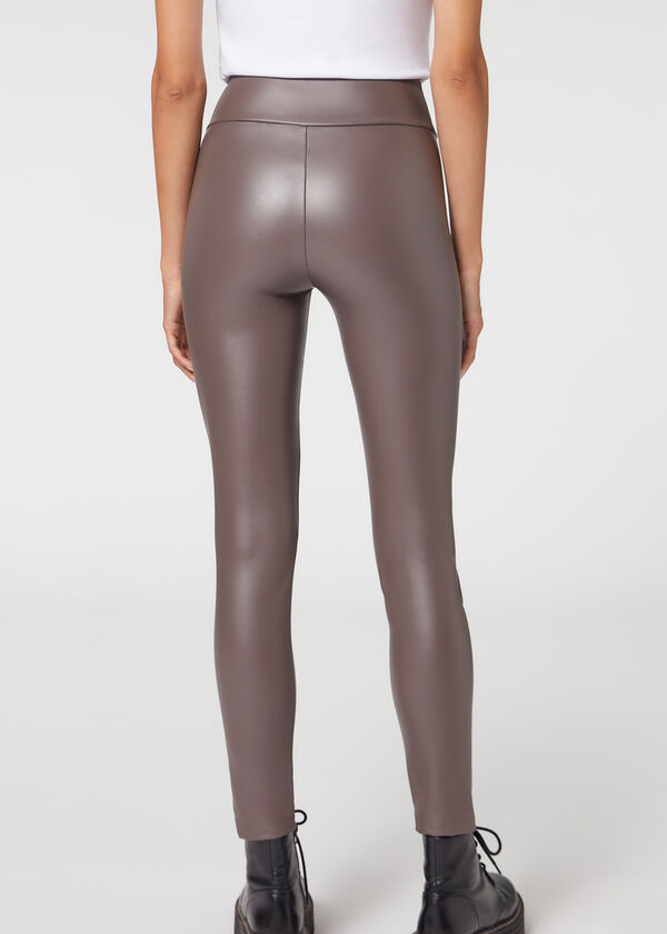 Calças legging com efeito de couro térmico