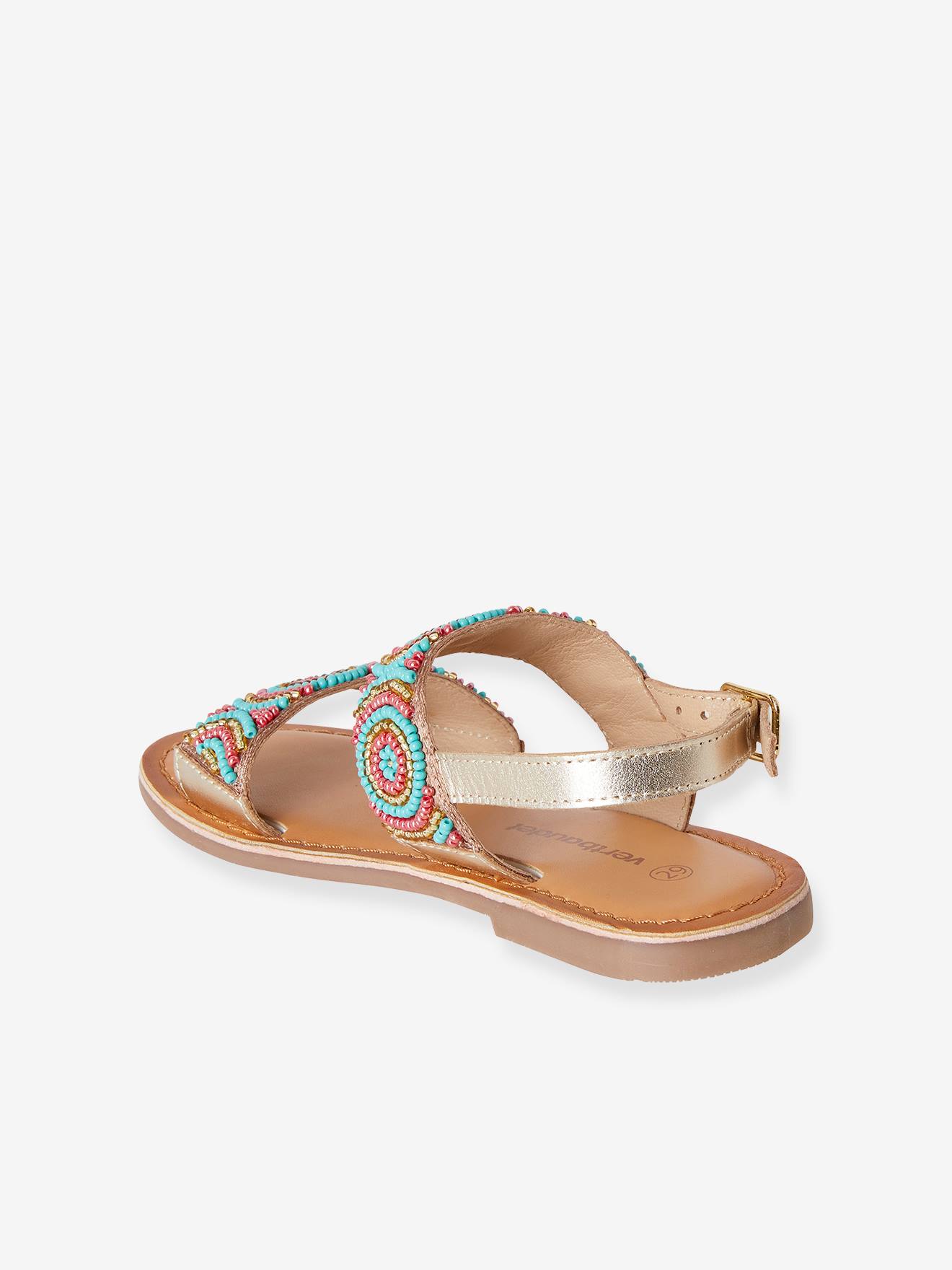 Sandálias de tecido com miçangas, para meninas, lisas, azul claro com estampas.
