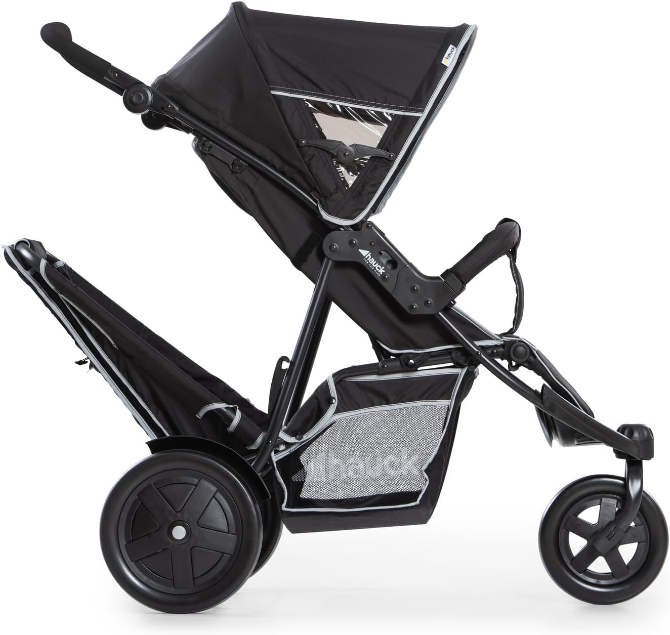 hauck Poussette Double Freerider à 3 Roues - Tandem 2 Enfants - Hauteur Réglable, Pliable, Habillage Pluie Inclus, Siège Bas Amovible - Noir