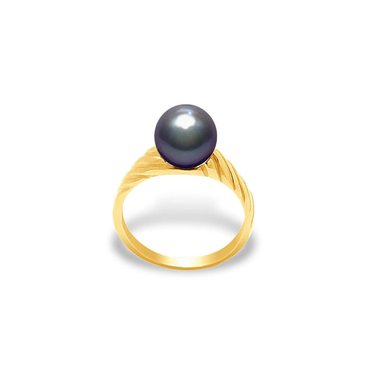 Bague Perle de Culture Noire et Or jaune 375/1000