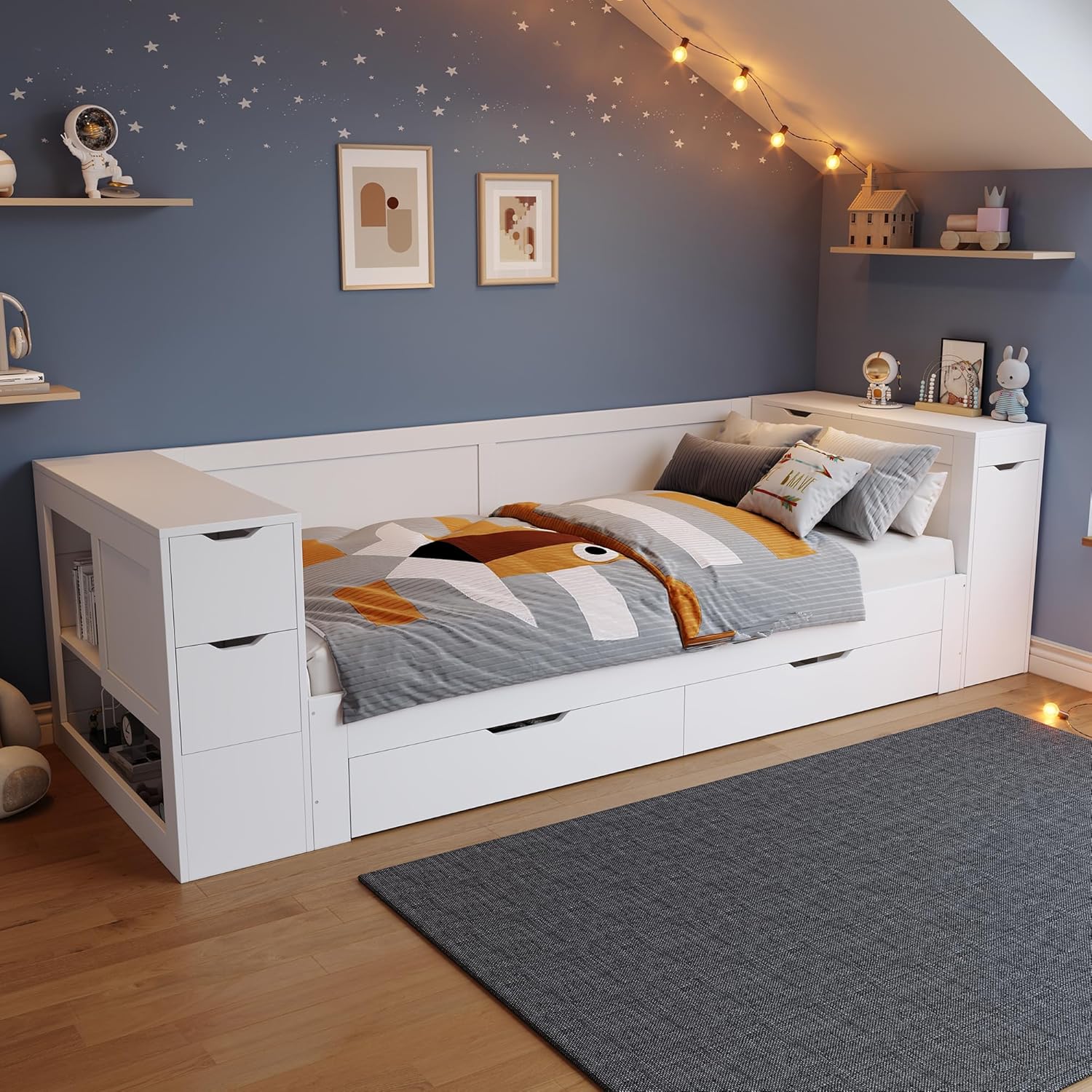 Kinderbett 90x200 cm, Einzelbett mit Regalen und Stauschrank, Stauraumbett mit Schubladen, Bettkasten mit Nachttischen, für Erwachsene und Jugendliche, Weiß, ohne Matratze