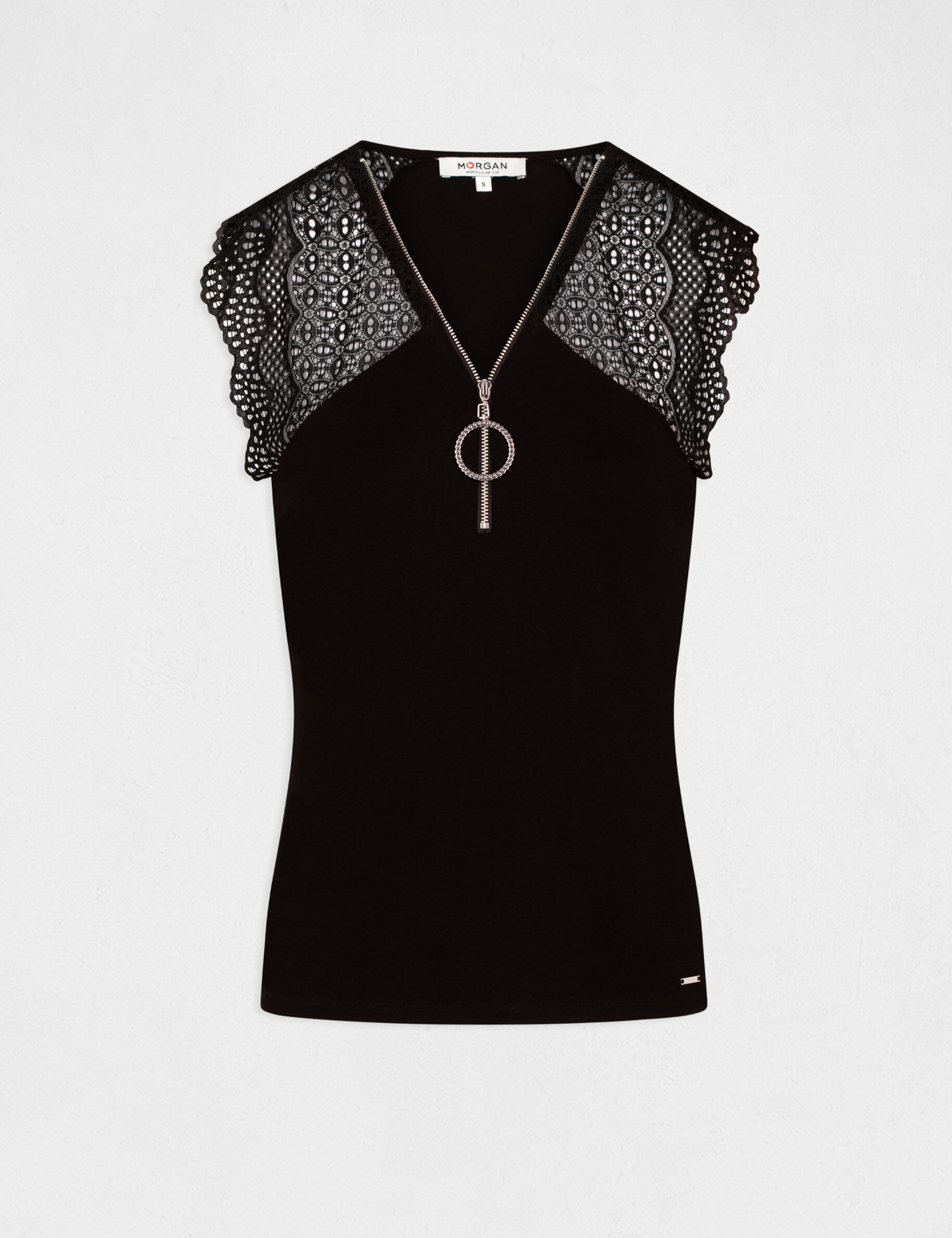 T-shirt manches courtes à dentelle noir femme - noir