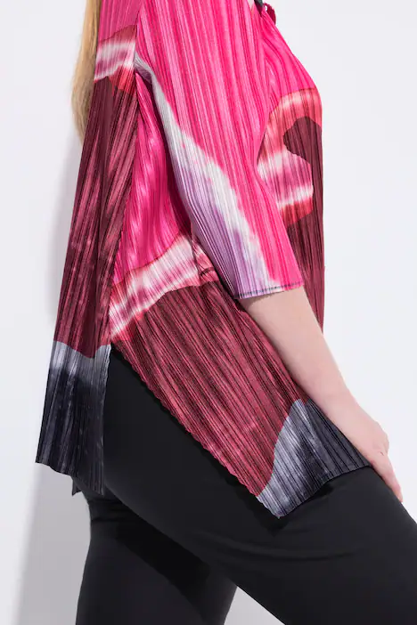Plissee-Bluse, A-Linie, Hemdkragen, 3/4-Arm, schwarz