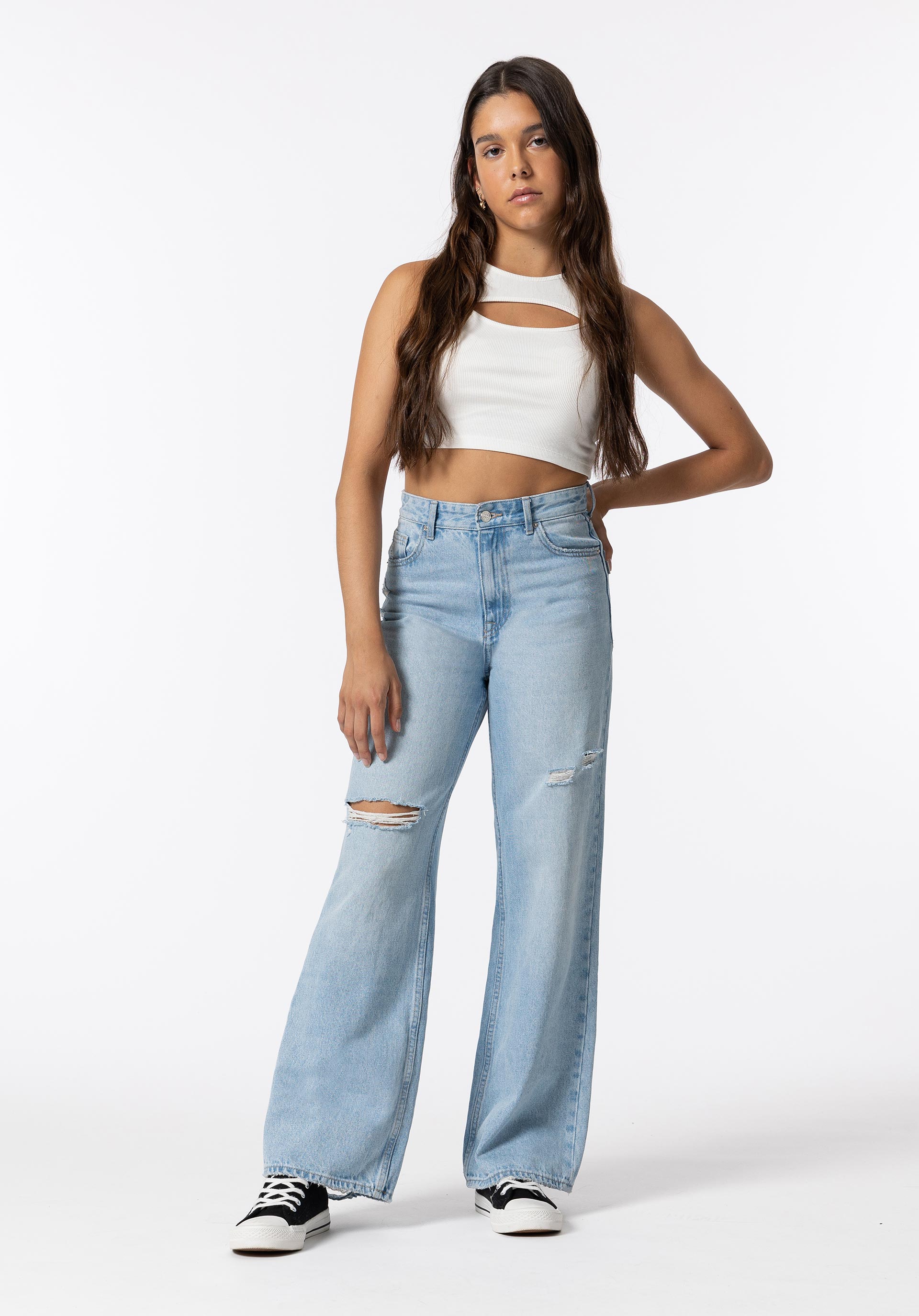 Jeans Kylie Wide Leg Cintura Alta C/ Rasgões