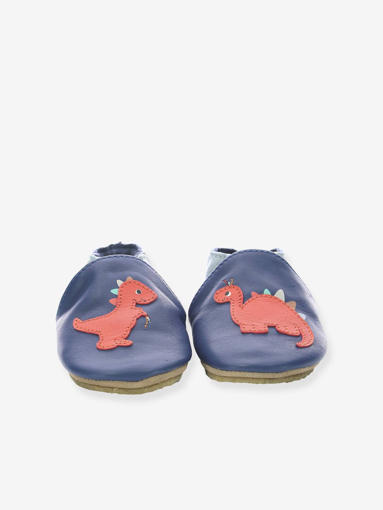 Pantufas de bebê ROBEEZ© Dino Time em couro leve, azul escuro liso com estampas.