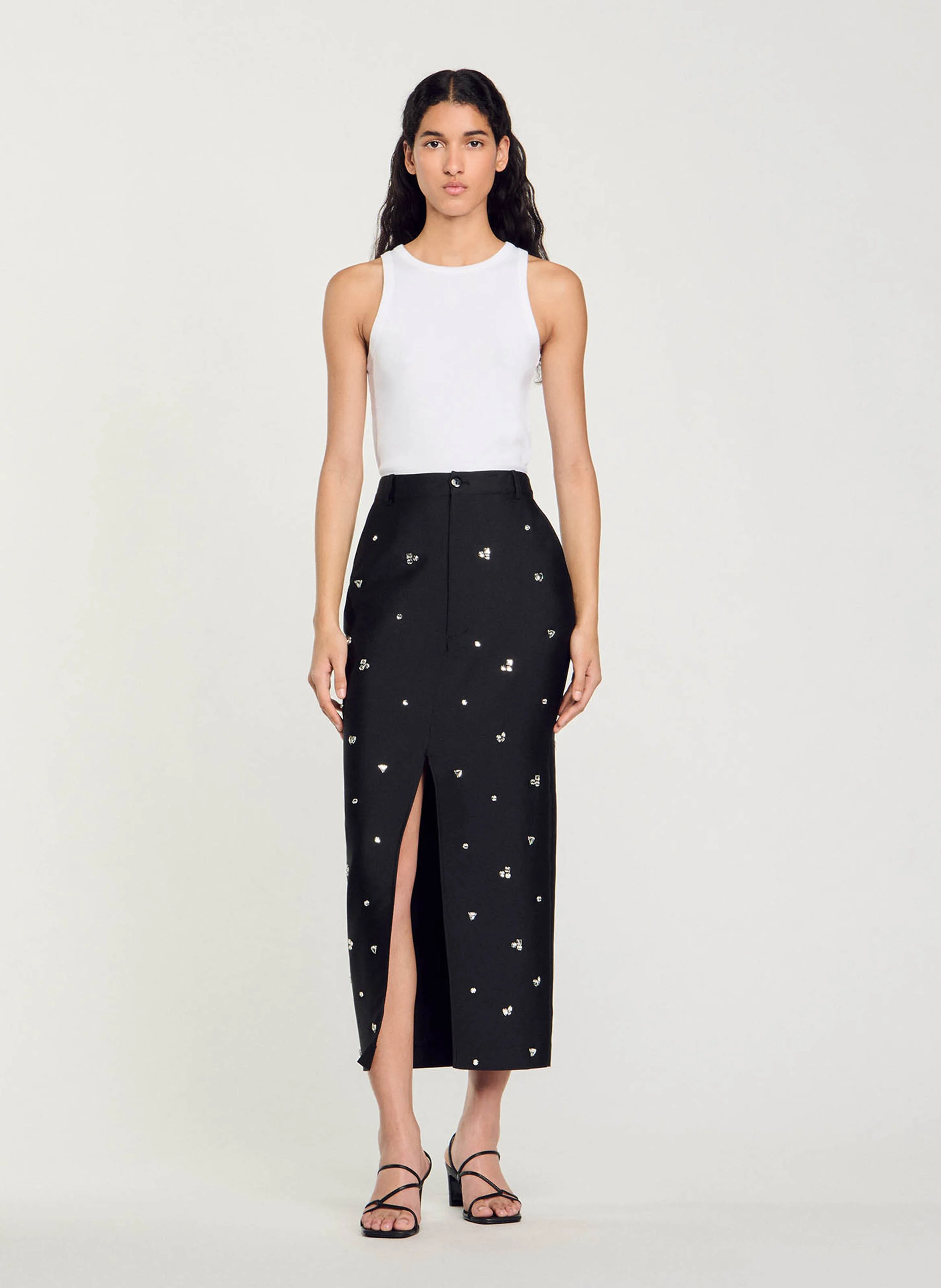 Jupe midi à strass | Noir