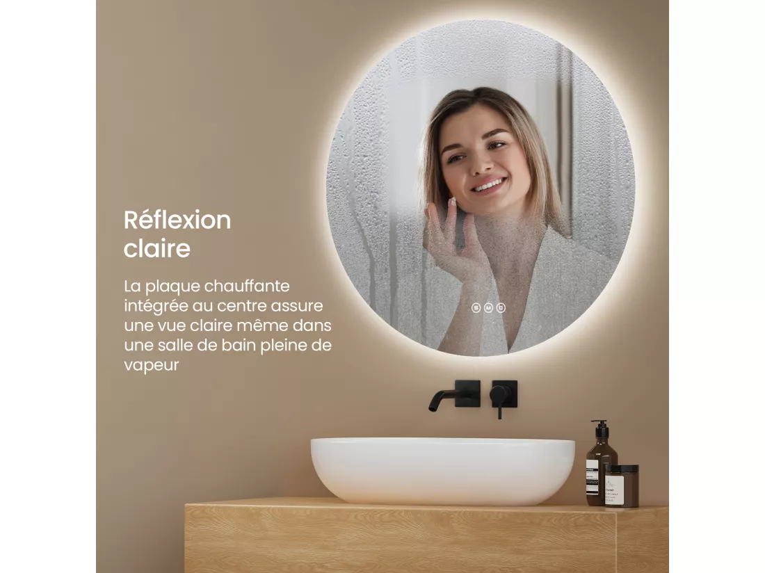 EMKE Miroir lumineux salle de bain rond diamètre 60cm, Miroir LED rétro-éclairage avec Interrupteur Tactile, Anti-buée, Blanche Froide/Neutre/Chaude