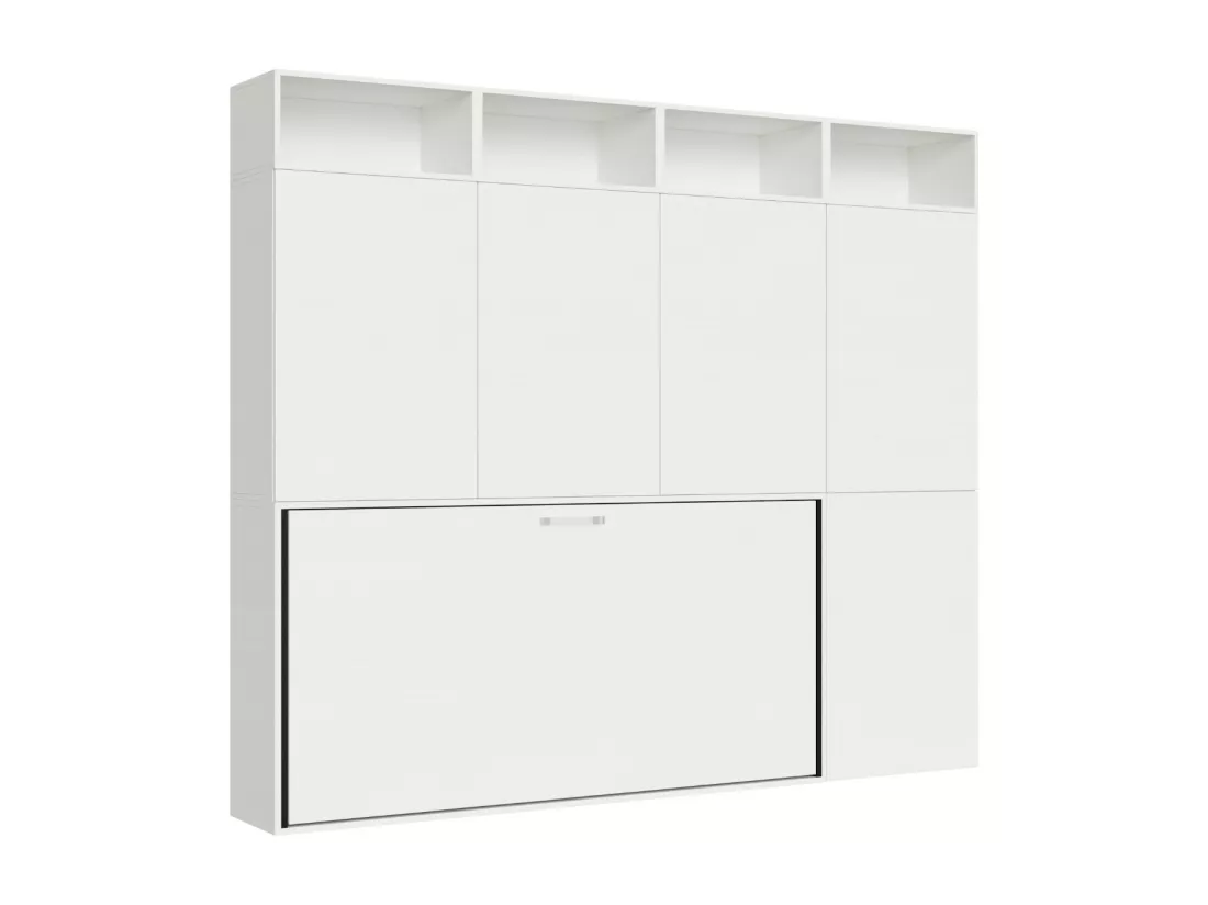 Lit escamotable horizontal blanc Bounto 85x185 avec rangement et bibliothèque composition B-