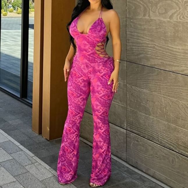 HERMITAKH - Halterhals Tie Dye Uitsparing Open Rug Uitlopende Jumpsuit