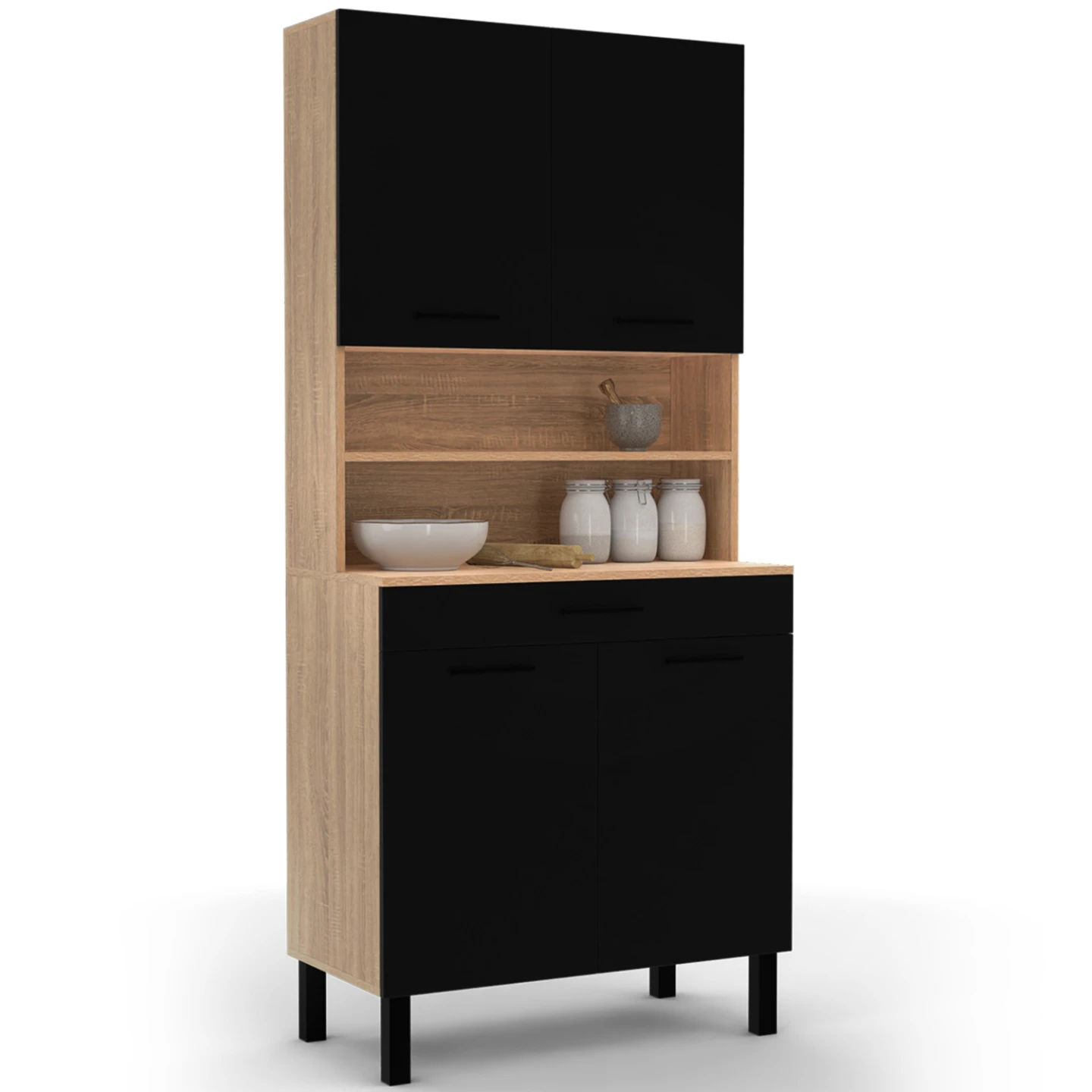 Buffet de cuisine 80 CM CINA 4 portes + tiroir façon hêtre et noir
