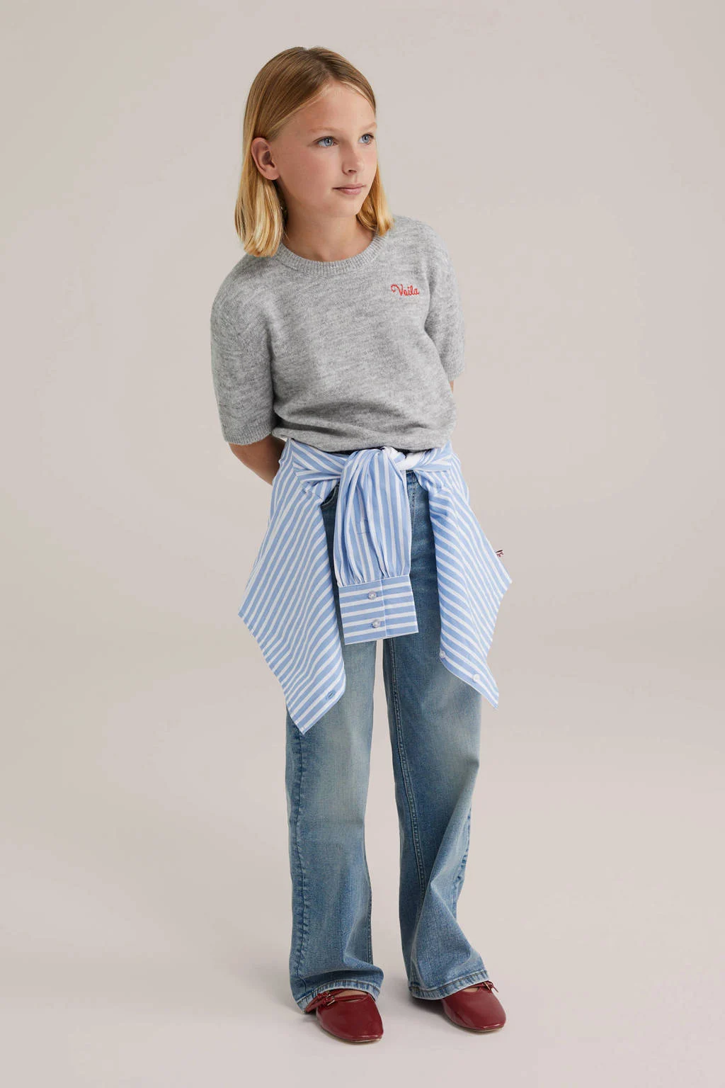 WE Fashion top grijs melange fijn gebreid