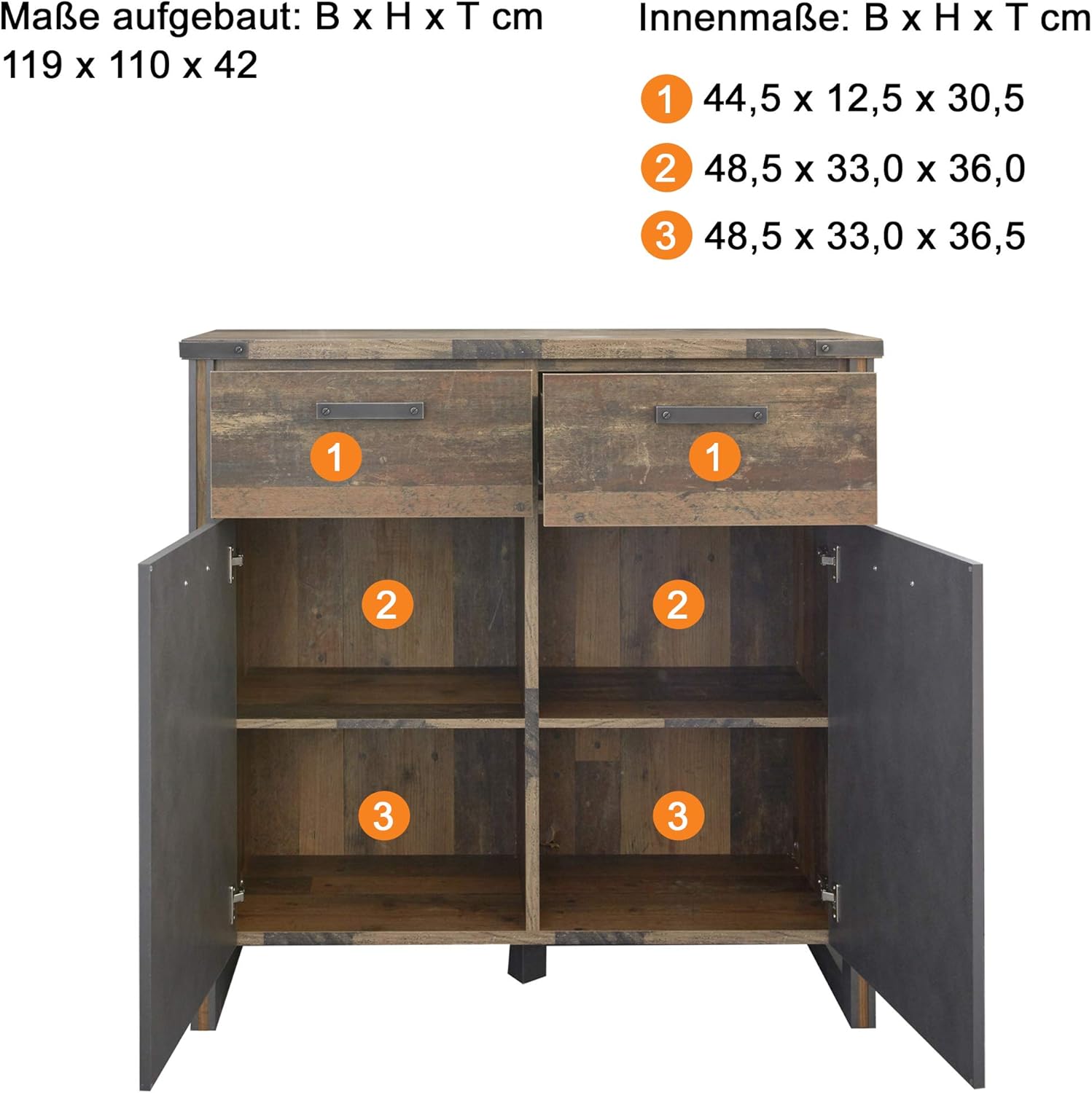 trendteam smart living - Prime - Kommode - Alteiche/Matera - Wohnzimmerschrank mit 4 Fächern und 2 Schubladen - (BxHxT) 119 x 110 x 42 cm - Industrial Style