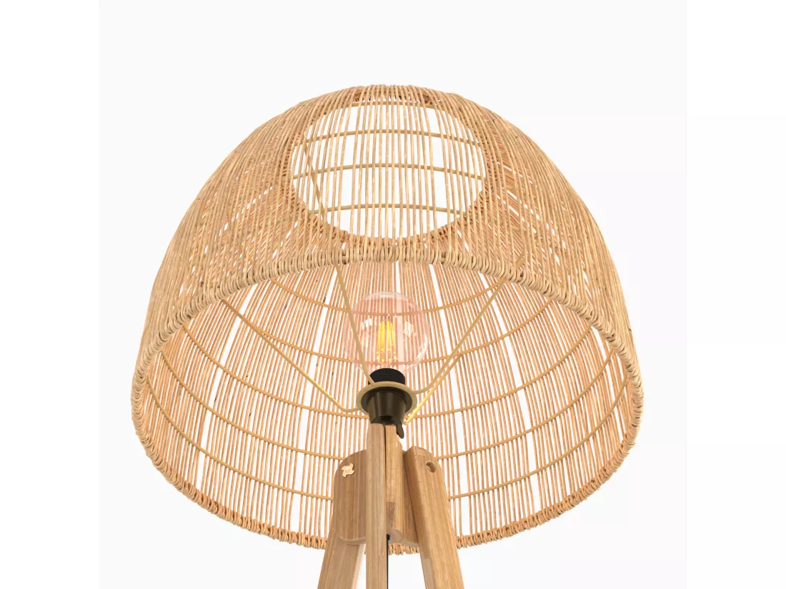 Lampadaire trépied en rotin et bois de teck massif - Corte