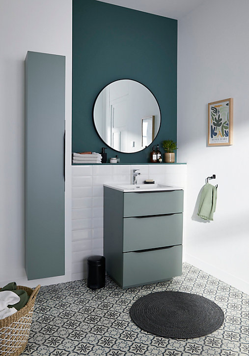 Meuble sous vasque à poser Pamili vert sauge mat 60 cm + plan vasque en résine blanc