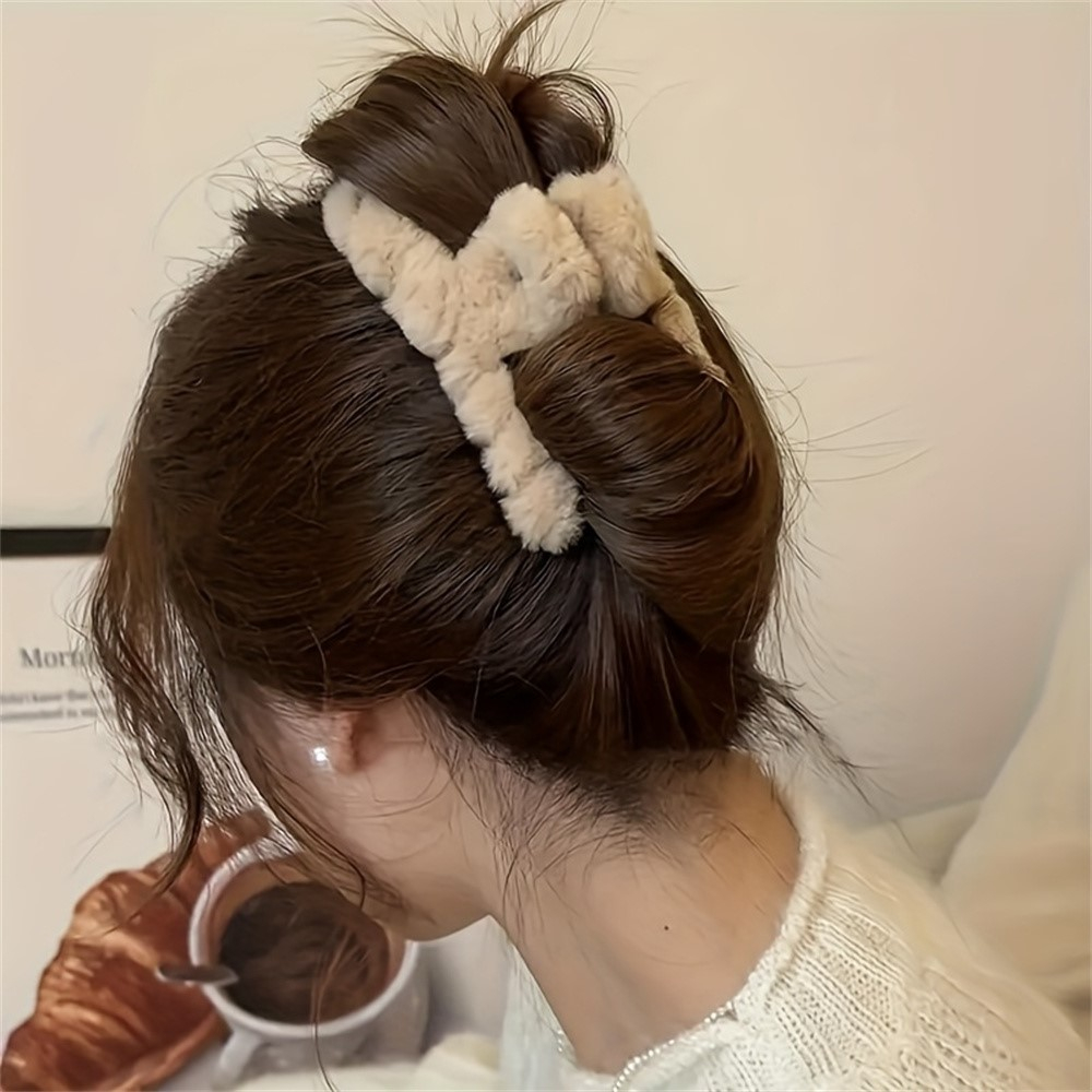 (3er Set) 11cm Haarspange Klammer Plüsch Krallen Clip Haar Accessoire - Schwarz / Beige