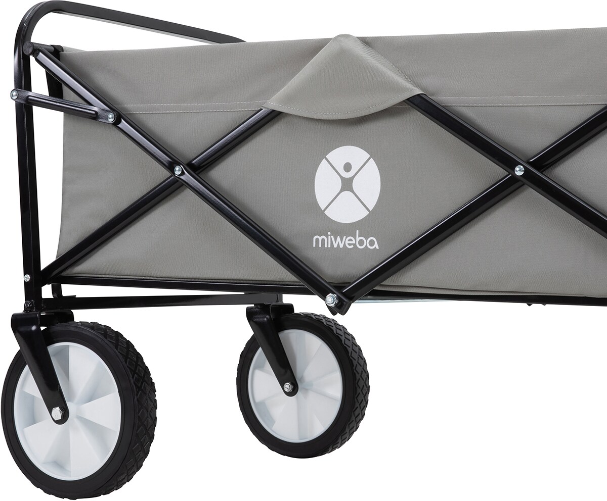 Miweba Bollerwagen MB-35, faltbar, bis 120 kg, Teleskop-Lenkstange, 360°-Räder, Tasche, Stahlrahmen (Grau)